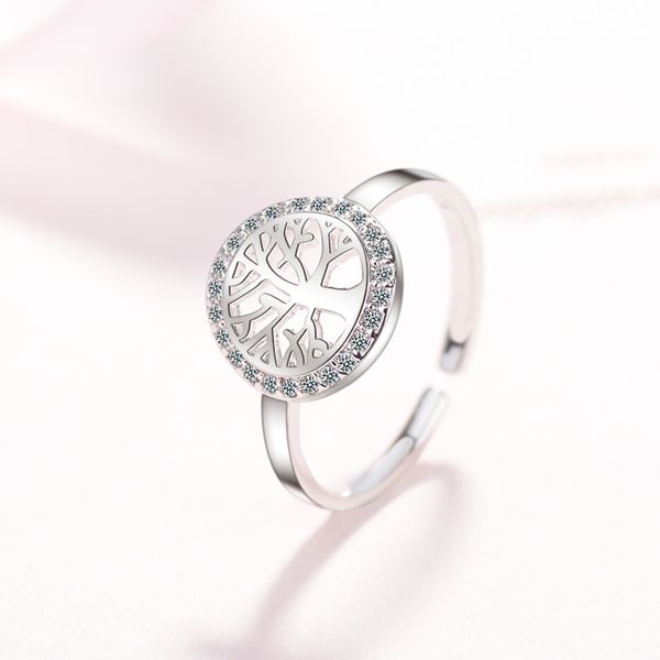 

925 sterling silver crystal ring romantic design tree of life open prevent allergy finger women rings sterling silver jewelry, Golden;silver