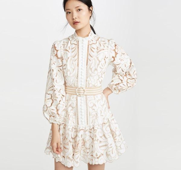 

long sleeve belt ruffle lace patch runway zimm european vintage elegant vintage hollow out dress women002, Black;gray