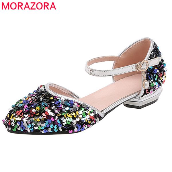 

morazora 2020 new arrive women flat shoes sequin pointed toe buckle single shoes buckle comfortable casual party woman, Black