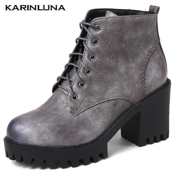 

karin 2020 new arrival women boots round toe lace-up square thick heels 8 cm ankle short plush platform warm women shoes, Black