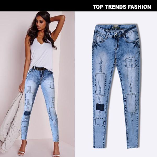 

ripped jeans for women holes skinny jeans slim femme womens fashion trend new elastic patchwork multi-hole trousers clothing, Blue