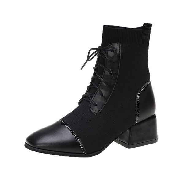 

dropshipping women sock ankle boots ladies pumps shoes knitted lace up squre toe chunky heels fashion woman boot 2020 new female, Black