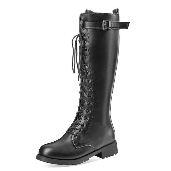 

2020 black mid calf boots ladies leisure lace-up women's walking autumn shoes leather boots