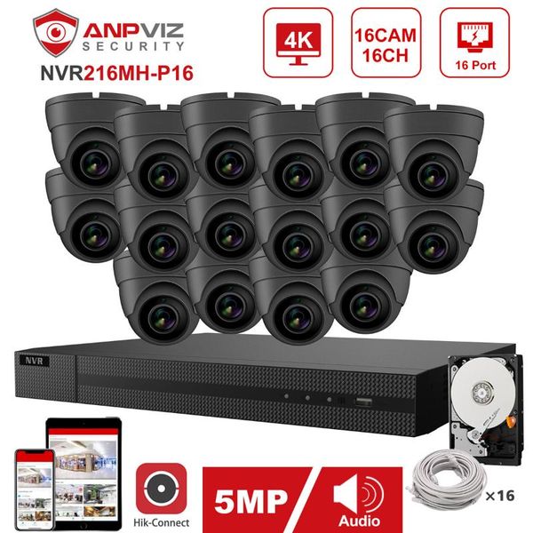 

systems hikvision oem 16ch 4k nvr kit anpviz 16pcs 5mp poe ip camera system indoor/outdoor security ip66 30m gray