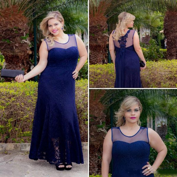 

Elegant Navy Blue Lace Plus Size Prom Dresses Sheer Jewel Neck Appliques Evening Gowns Sleeveless A-Line Ankle Length Formal Dress