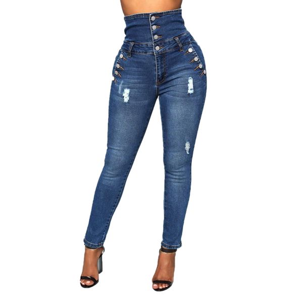 

women's jeans high waist elastic skinny denim long pencil pants women xxxl, Blue