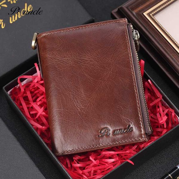 

vintage men's mini wallet genuine leather rfid money purse card coins holder male clutch bag zip pocket soft cowhide short walet, Red;black