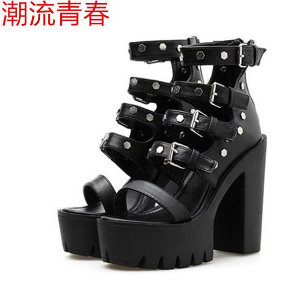 

women high heels 13cm sandals 2020 summer female new platform rivet sandals peep toe casual shoes high heels women, Black