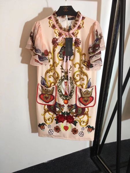 

milan runway dress 2019 summer apricot pink ruffles short sleeves beads crystals loose dresses womens vestidos de festa dg003, Black