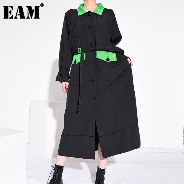 

eam] women black contrast color big size long trench new lapel long sleeve loose windbreaker fashion spring autumn 2020 1z493, Tan;black