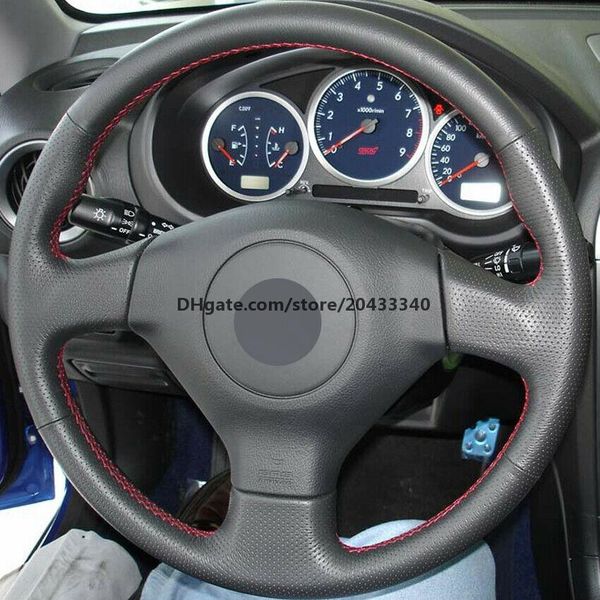 

black leather hand-stitched car steering wheel cover for subaru legacy impreza