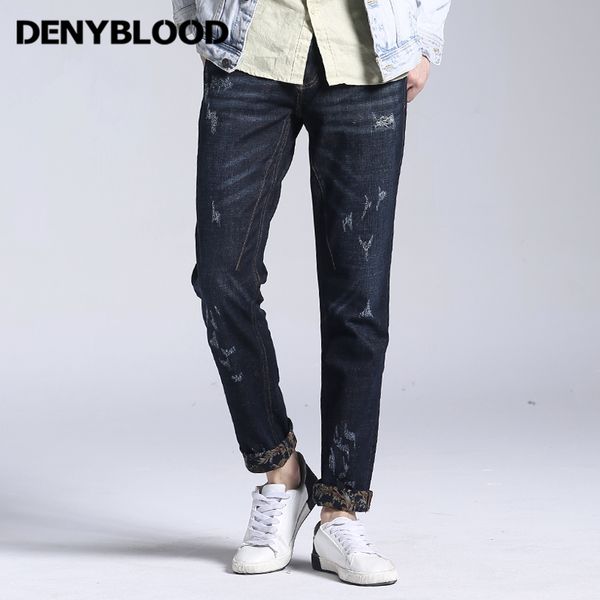 

men's jeans denyblood mens distressed ripped hole stretch denim fleece warm 2021 autum winter casual pants 169050, Blue