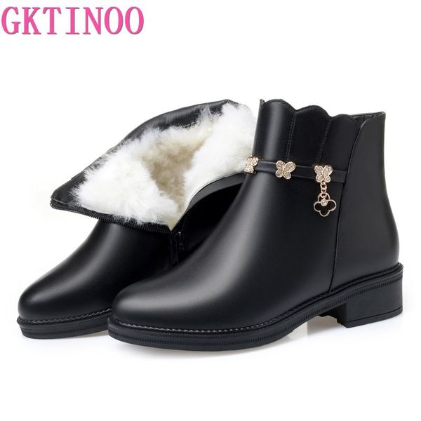 

gktinoo 2020 genuine leather ankle boots warm wool snow boots women square heel ladies winter fashion shoes, Black