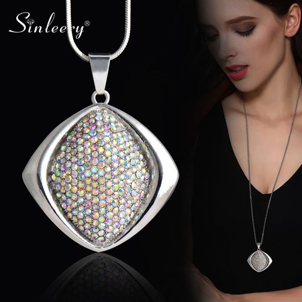 

sinleery simply fashion rhinestone square pendant necklace for women silver color long chain accessories jewelry my041 ssa
