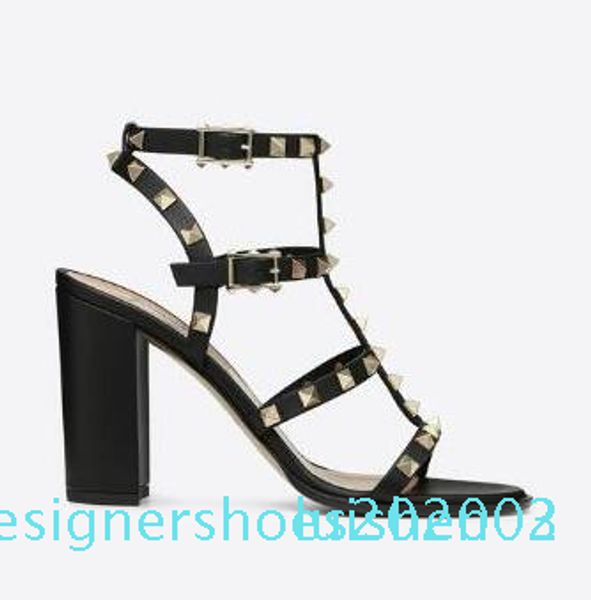 

designer pointed toe studs patent leather rivets sandals women studded strappy dress shoes valentine 10cm 6cm high heel shoe s03, Black