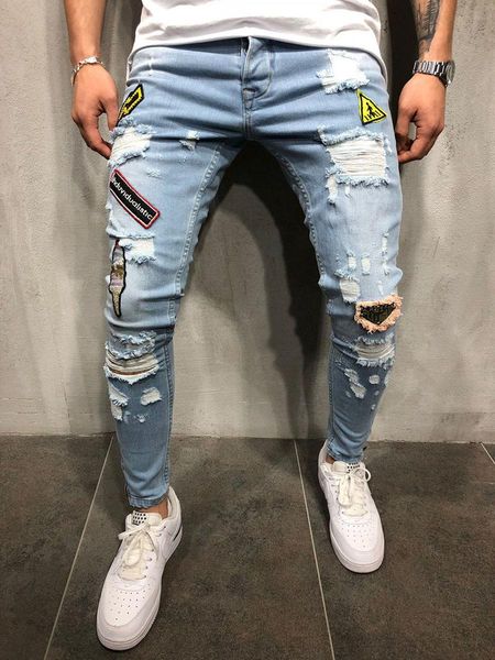 

mens jeans rips stretch jean embroidered patch fashion design slim fit washed motocycle denim pants panelled hip hop trousers for mens, Blue