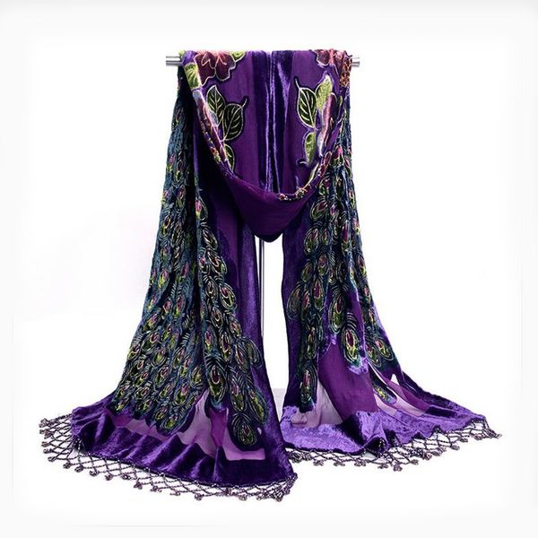 

purple chinese women's velvet silk shawl scarf handmade beaded embroidery peacock shawl scarf wrap scarves, Blue;gray