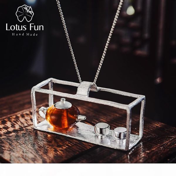 

lotus fun real 925 sterling silver handmade fine jewelry natural amber original teapot design pendant without necklace for women ly191217