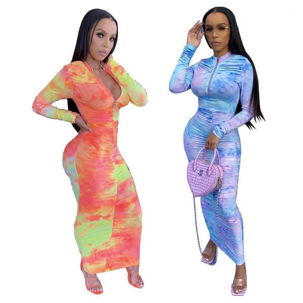 

tie dye print long sleeve zipper mid waist stacked dresses 2020 womens designer dress spring autumn, Black;gray