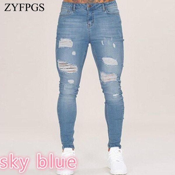 

mens skinny jeans washed feet shinny denim solid pants hip hop elastic waist joggers knee zipper tight small foot 0720, Blue