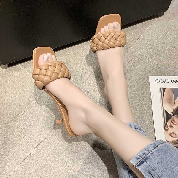 

square toe leather sandals thin high heels shoes woman outdoor slides dropshipping summer weave women slippers, Black