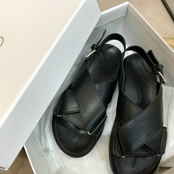 

2020 лето коровьей кожи сандалии женского ins tide фея стиль студенческой квартира толстая донная крест римская обувь, Black