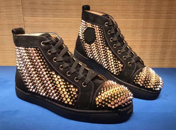 

black suede leather spikes sneakers high red bottom sneaker women,men rivets casuals outdoor trainers wedding party dress eu35-47