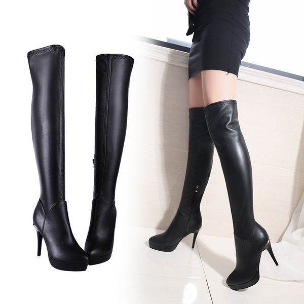 

ladies fashion pointed high-heeled knee boots autumn and winter models with stiletto boots were thin high elastic, Black