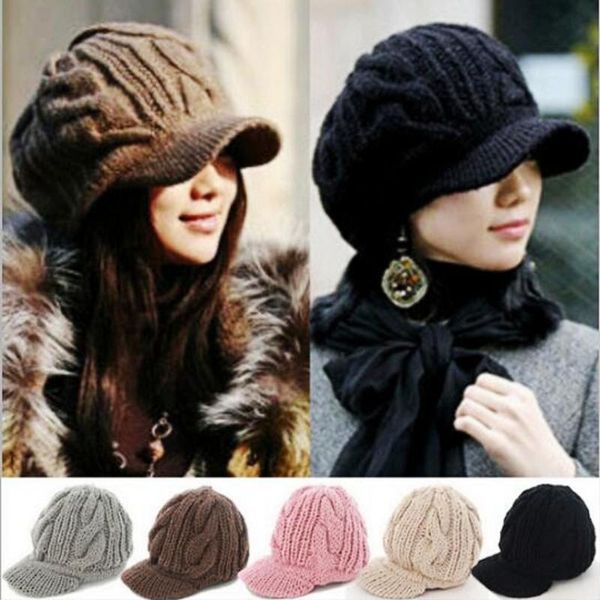 

women winter warm knit hat wool snow ski caps with visor, Blue;gray