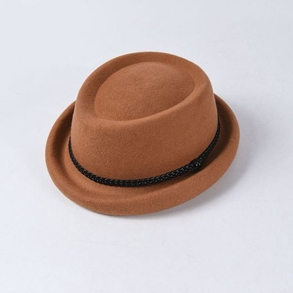 

men women vintage short cuffed brim jazz hat japanese style winter classic solid color faux felt cap with weave braided belt, Blue;gray