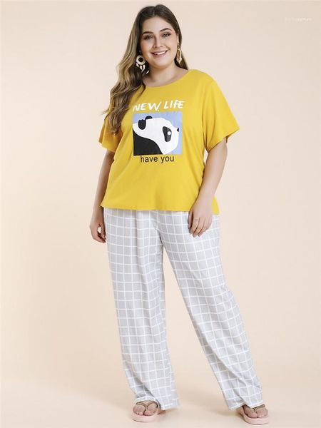 

sleeve tee with loose pants sleepwears womens 2pcs plaid letter suits summer designer plus size crew neck short, Black;red