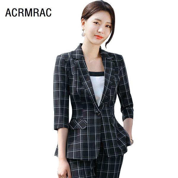 

women suits summer half sleeve plaid blazers pants office lady formal work clothes women pants suits woman set 9837, White