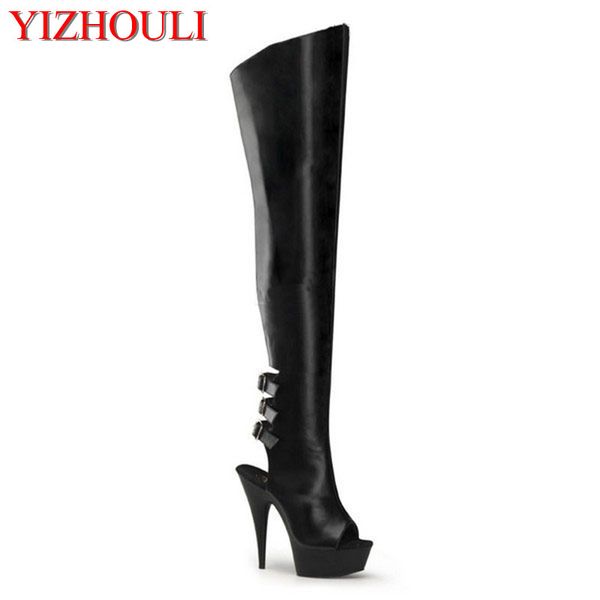 

ultra-high 15 cm high heels and women long boots knee-high boots fashion soft pu leather thigh-high, Black