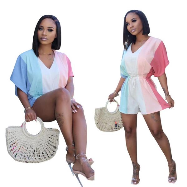 

women's jumpsuits & rompers 2021 selling jumpsuit european and american fashion rainbow printed v-neck waist hugging, Black;white