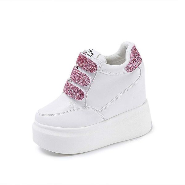 

woman casual shoes platform girls canvas wedges 12cm high heels sequins spring white sneakers, Black