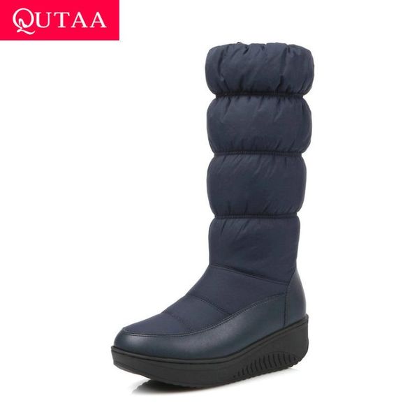 

qutaa 2021 snow boots круглый toe zipper клин пятки средний женская обувь повседневная вниз кожа pu платформы mid теленок сапоги размер 35-4, Black