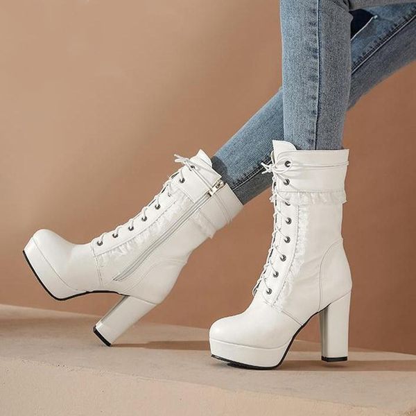 

white boots cos shoes lacing boots female platform thick heel plus size high-leg women shoes, Black