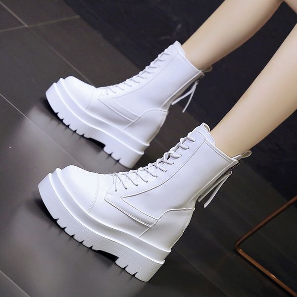 

women's leather boots rock shoes woman platform summer booties luxury designer zipper boots-women round toe fashion mid-ca, Black