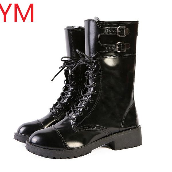 

boots genuine leather botas mujer female mid calf 2021 women pu shoes winter woman casual buckle 35-41, Black