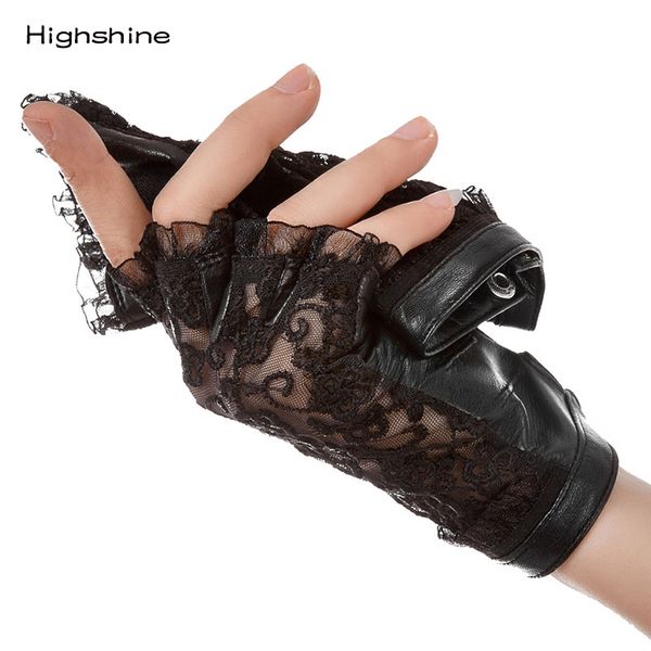 

highshine 2020 medival lolita women lace genuine leather gloves unlined nappa lambskin wrist sunscreen glove, Blue;gray