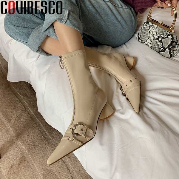 

covibesco fashion women mid-calf boots new genuine leather shoes woman autumn pointed toe buckle front zipper stretch boots, Black