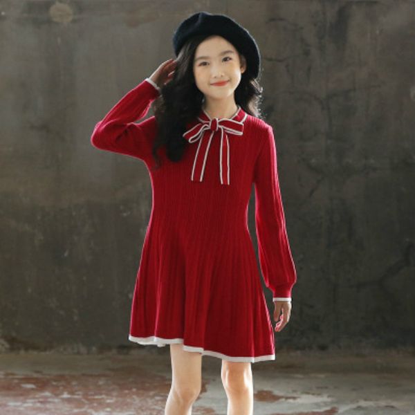 

girls fashion dress children long sleeve knitted skirts girls new autumn winter a-line dress with bow kids cute dresses 110-170 size, Red;yellow