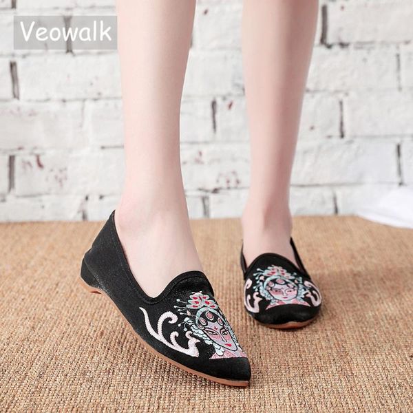 

veowalk beauty embroidered women velvet cotton ballet flats pointed toe slip on flat shoes comfortable ballerina shoesladies, Black