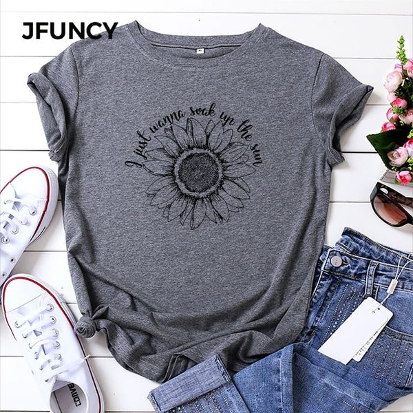 

jfuncy plus size women summer t shirt sunflower printed t-shirt 100% cotton woman shirts loose casual tee female tshirt, White