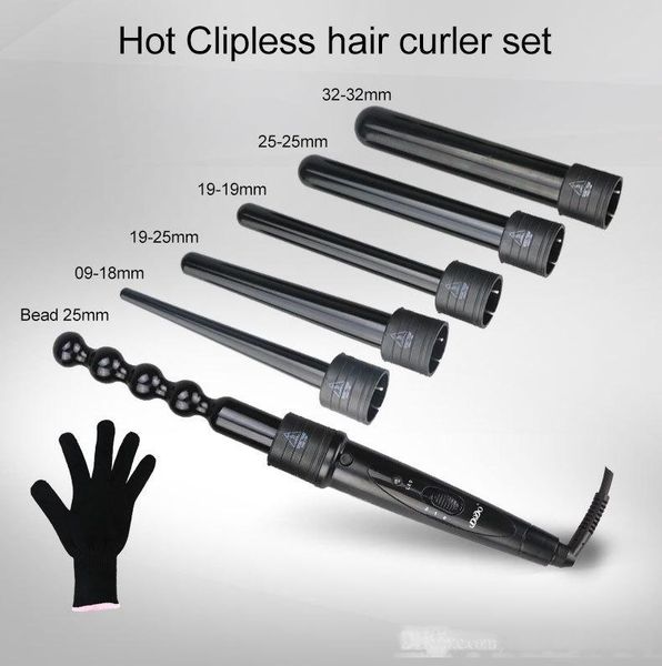 

6 in 1 interchangeable ceramic hair curler curling wand 09-32mm bead tube curler wand retail package 10pcs/lot