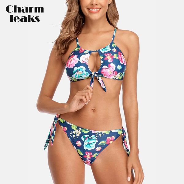 

charmleaks women bikini set floral print swimsuit push up swimwear side bandaged bathing suit beachwear, White;black
