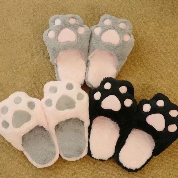 

single lovely girl heart imitate rabbit hair bear claw cat claw cotton slipper plush home bedroom board shoe autumn and winter new product, Black