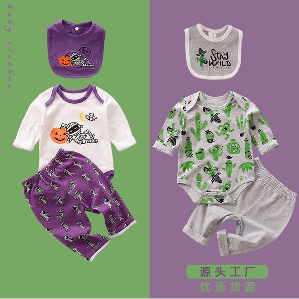 

Baby Cartoon Three-Piece Spring and Autumn Newborn Cotton Triangle Jumpsuit Set Baby Whale Fashion Fan Crawling Clothes Set