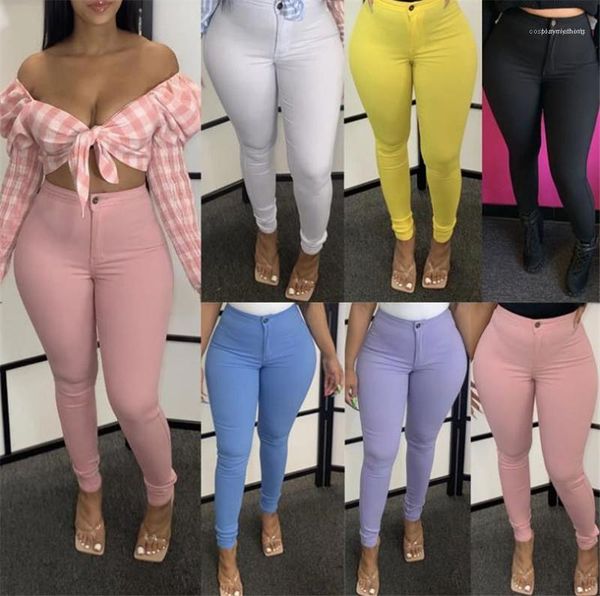 

waist skinny jeans casual solid color stretchy pencil pants new fashion slim women trousers women high, Blue
