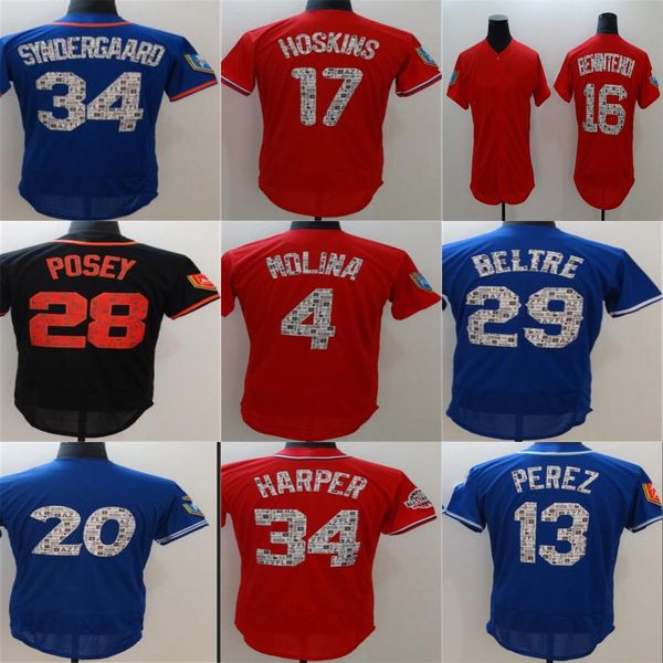 

2018 spring training baseball jerseys salvador perez 34 player 17 hoskins 16 benintendi 28 posey 20 donaldson 4 molina 34 harper 29 beltre, Blue;black